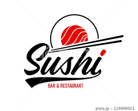 Japanese sushi restaurant icon for Asian cuisine bar, vector emblem. Sushi bar icon with chopsticks and fish roll maki in shape of Japan flag for authentic Japanese cuisine food sign 128990021
