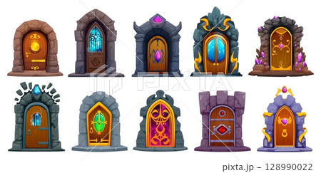 Fantasy magic portal doors and gates for game assets, vector cartoon teleports. Magic witchcraft game assets of Medieval doors and ancient portal gates or dungeon chamber gateways with mystic glow 128990022