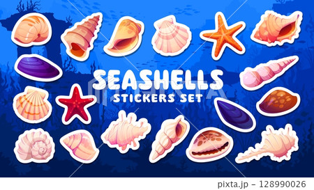 Cartoon seashells stickers pack of underwater scallops and pearl shells, vector set. Ocean seashells and sea shells stickers of starfish, conch or mussel and nautilus, cockle and clamshell mollusk 128990026