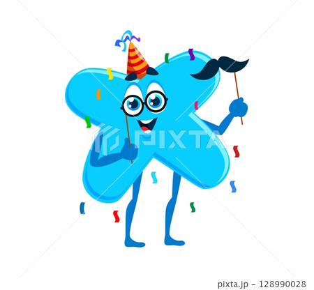 Math symbol in birthday hat for holiday celebration cartoon character, vector multiplication sign. Funny mathematical sign character with happy face, birthday cap and mustaches mask prop for party 128990028