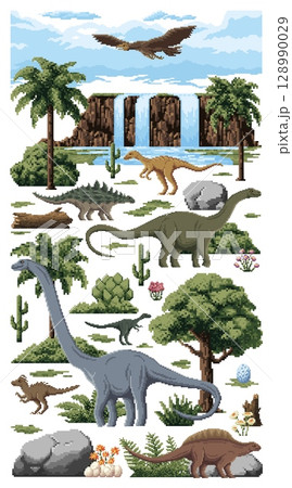 8bit pixel prehistoric dinosaurs and landscape with Jurassic lizards and reptiles, cartoon vector. 8 bit pixel art game dinosaurs and pterodactyl for paleontology dino park and dinosaur world arcade 128990029
