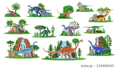Cartoon prehistoric dinosaur characters with jurassic forest trees, mountains and waterfall. Vector dino personages of allosaurus, suchomimus, anchisaurus. Cute aralosaurus, pelorosaurus and kileskus 128990035