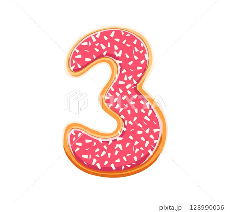 Cafe dessert font glazed cookie digit 3 three. Pastry and confectionery math typeface figure, bakery vector kids ABC type numeral symbol. Dessert mathematics typeface number or alphabet font digit 128990036