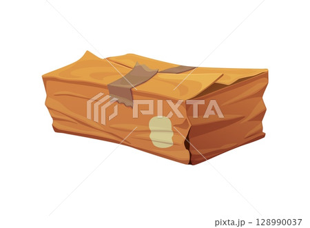 Damaged and ripped package cardboard box. Destroyed wet cargo container, damaged dirty isolated cartoon vector cardboard paper parcel. Broken crushed shipping package or ripped crumpled delivery box 128990037