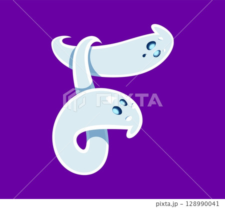 Halloween font F letter ghost cartoon cute character. Spooky monster mascot typeset symbol, funny spirit personage or Halloween font ghost character, English ABC vector letter. Latin alphabet element 128990041