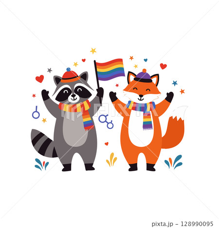 Racoon and Fox Celebrating Pride with Rainbow Flag and Colorful Scarves Vector Illustration 128990095