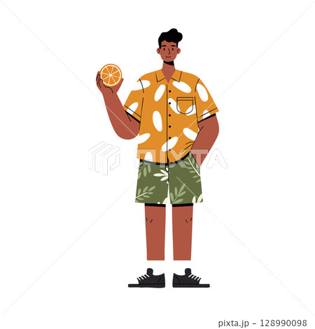 Young man holding orange slice in patterned summer outfit vector illustration 128990098