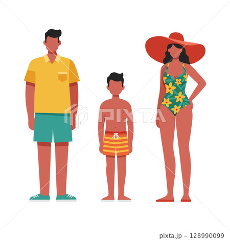 Family in summer swimwear standing together wearing hat and shorts vector illustration 128990099