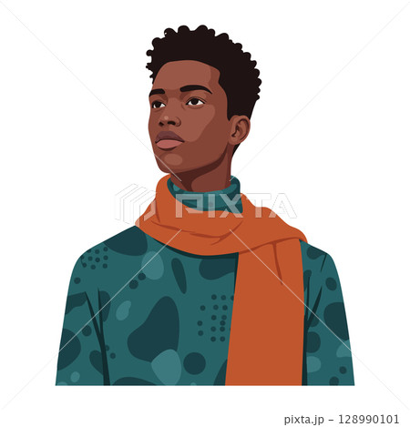Young man in teal patterned sweater and orange scarf looking away vector illustration 128990101
