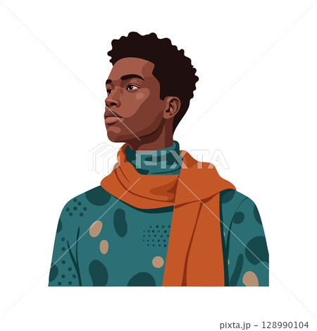 Young man wearing teal sweater and orange scarf looking sideways portrait vector illustration Young man wearing teal sweater and orange scarf looking sideways portrait vector illustration 128990104