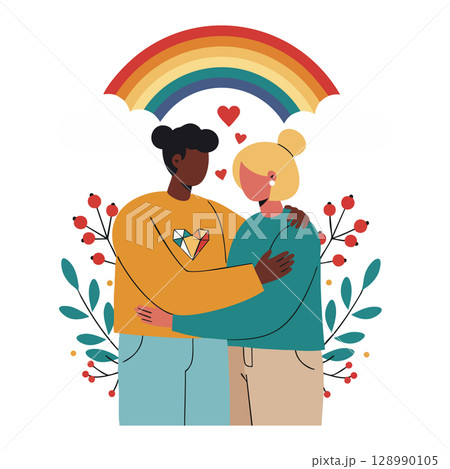 Loving couple embracing under rainbow with heart symbols and floral elements vector illustration Loving couple embracing under rainbow with heart symbols and floral elements vector illustration 128990105