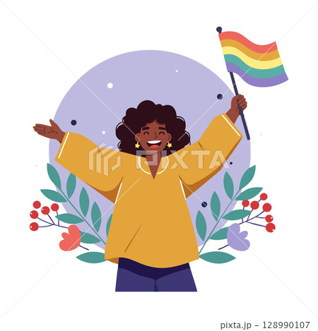 Woman celebrating with rainbow pride flag and colorful floral background vector illustration 128990107