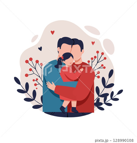 Loving family hug with child and two fathers surrounded by floral hearts vector illustration 128990108