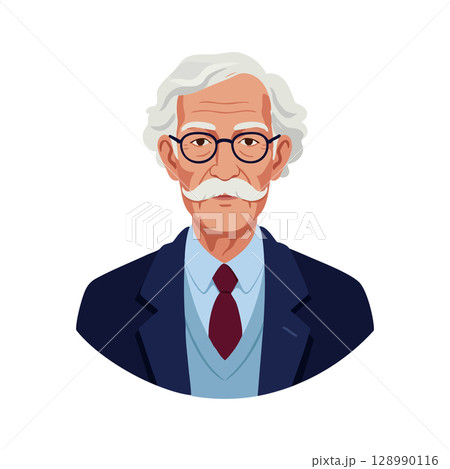 Elderly man with white hair and mustache wearing glasses and formal suit vector illustration 128990116