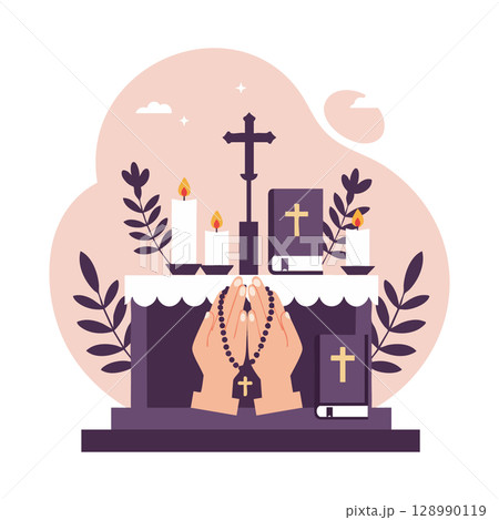 Praying hands holding rosary beads with Christian altar candles and bibles vector illustration Praying hands holding rosary beads with Christian altar candles and bibles vector illustration 128990119