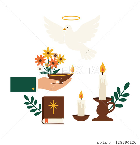 White dove with halo holding flowers and candles religious Christian vector illustration 128990126