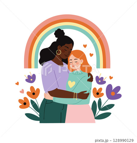 Diverse women hugging under rainbow with flowers and hearts in flat vector illustration Diverse women hugging under rainbow with flowers and hearts in flat vector illustration 128990129