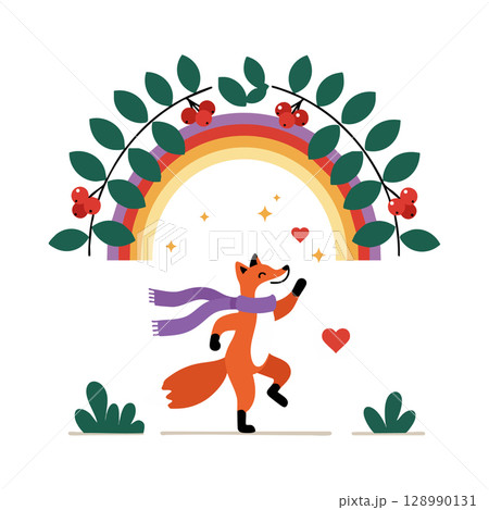 Fox with purple scarf under rainbow and green leaves with butterflies nature scene vector illustration Fox with purple scarf under rainbow and green leaves with butterflies nature scene vector illustration 128990131