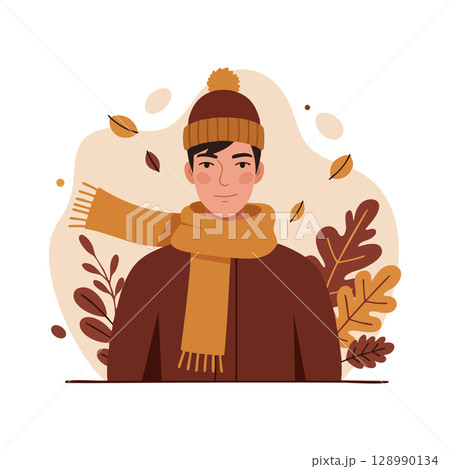 Young man wearing brown hat and scarf with autumn leaves background vector illustration 128990134