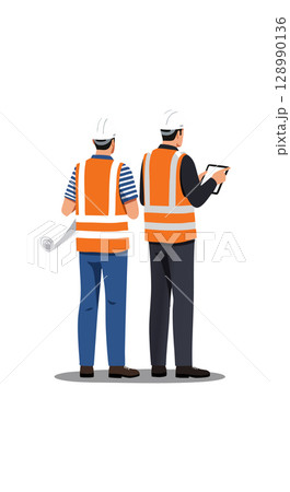 Two construction workers in safety vests with tablet and tool on site vector illustration Two construction workers in safety vests with tablet and tool on site vector illustration 128990136