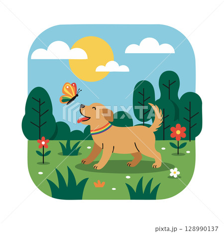 Happy dog playing with butterfly in green park under sun and blue sky vector illustration 128990137
