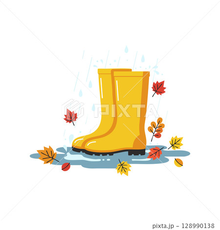 Yellow Rain Boots with Autumn Leaves and Rain Drops Vector Illustration 128990138