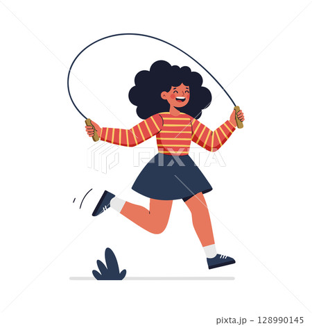Girl jumping rope outdoors with curly hair and striped shirt vector illustration 128990145