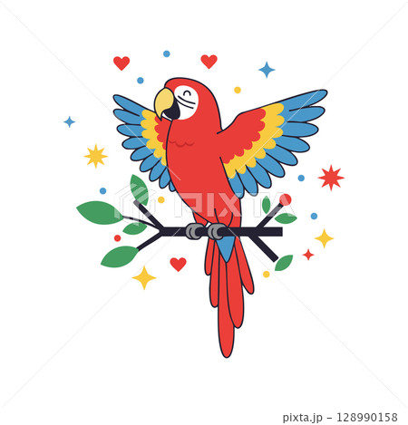 Red parrot with colorful wings sitting on branch with hearts and stars vector illustration Red parrot with colorful wings sitting on branch with hearts and stars vector illustration 128990158