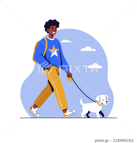 Man Walking Small Dog Outdoors in Casual Clothes Blue and Yellow Color Vector Illustration 128990162