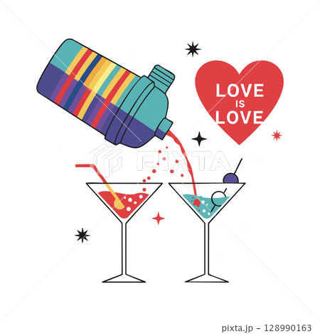 Cocktail shaker pouring drinks into two glasses with love is love heart symbol vector illustration Cocktail shaker pouring drinks into two glasses with love is love heart symbol vector illustration 128990163