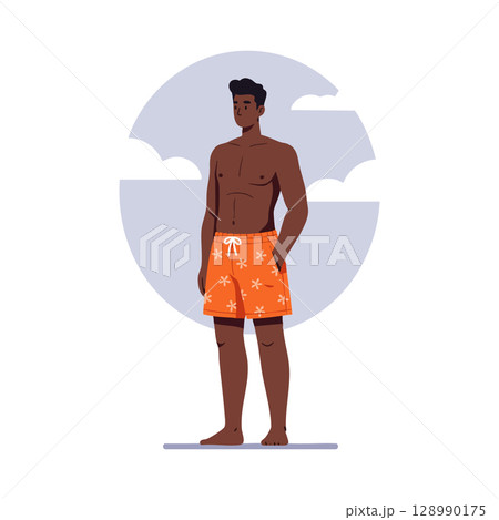 Young man standing in orange floral swim trunks summer beachwear vector illustration Young man standing in orange floral swim trunks summer beachwear vector illustration 128990175