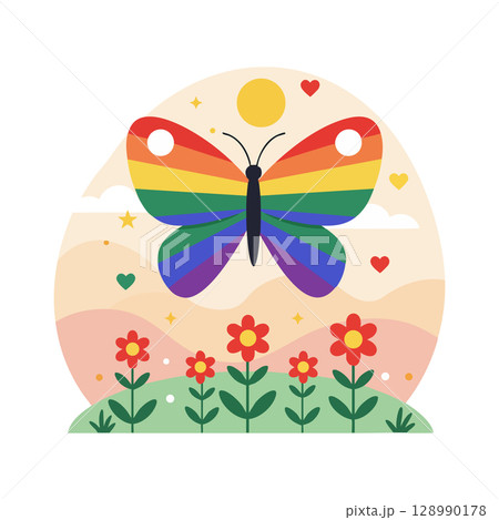 Rainbow butterfly flying over red flowers with sun and hearts vector illustration 128990178