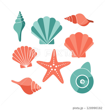 Collection of colorful seashells and starfish in coral and teal vector illustration Collection of colorful seashells and starfish in coral and teal vector illustration 128990182