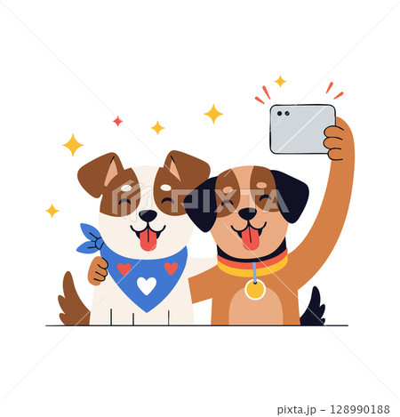 Two cute dogs taking selfie with smartphone heart scarf and collar vector illustration 128990188
