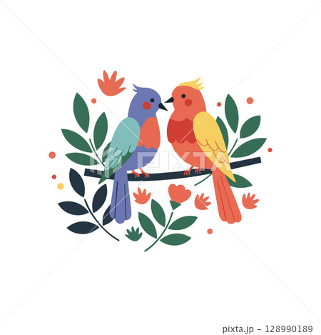 Two colorful birds sitting on branch with green leaves and orange flowers vector illustration 128990189