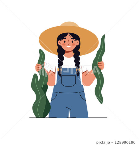 Female Farmer Holding Green Vegetables Wearing Wide Brim Hat and Blue Overalls Vector Illustration 128990190