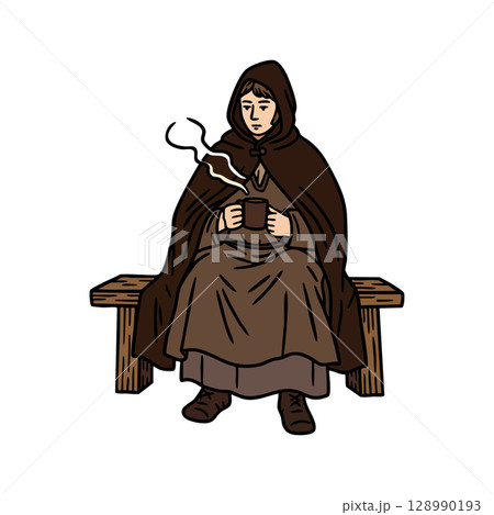 Woman in brown cloak drinking hot beverage sitting on wooden bench vector illustration 128990193