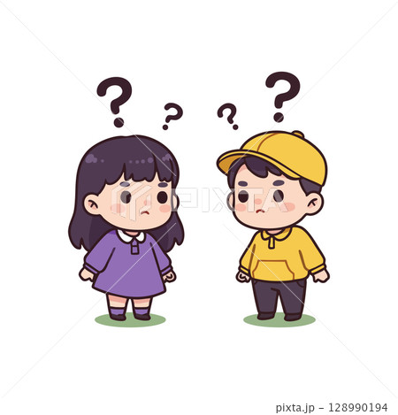 Confused boy and girl cartoon characters with question marks above heads vector illustration 128990194