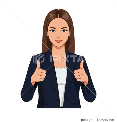 Businesswoman showing thumbs up sign with confident smile vector illustration 128990196