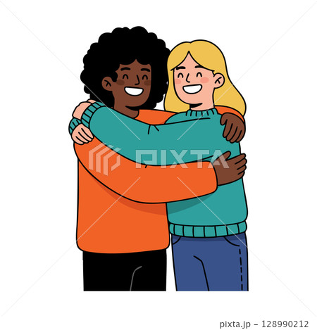 Two friends hugging in casual clothing embracing with smiles and happiness Two friends hugging in casual clothing embracing with smiles and happiness 128990212