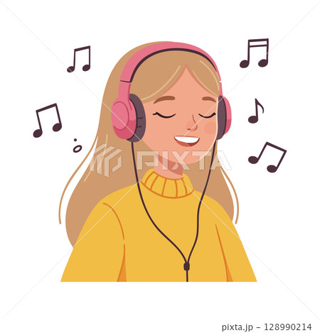 Young woman listening to music with pink headphones and yellow sweater vector illustration Young woman listening to music with pink headphones and yellow sweater vector illustration 128990214
