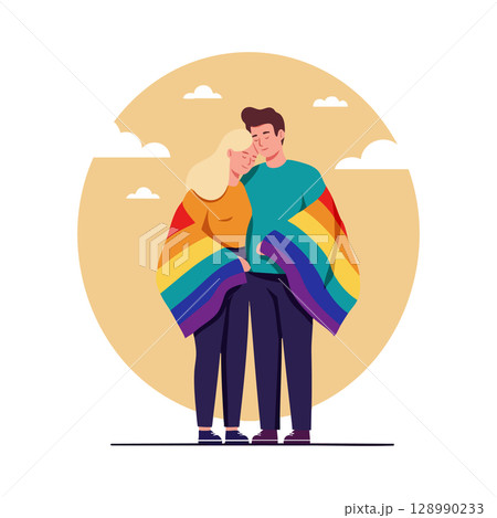 Couple embracing under rainbow flag symbolizing pride and unity vector illustration 128990233