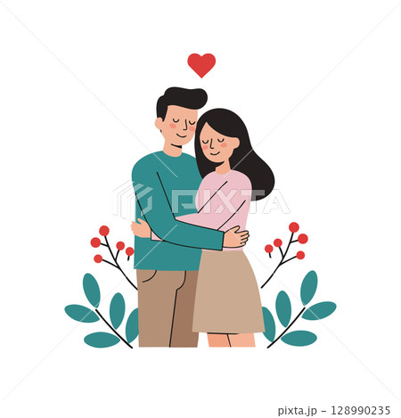 Loving couple embracing with heart symbol and decorative floral elements vector illustration Loving couple embracing with heart symbol and decorative floral elements vector illustration 128990235