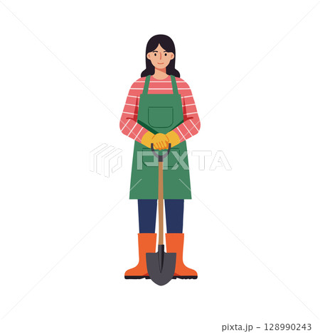 Female Gardener Wearing Green Apron Holding Spade Standing Illustration Female Gardener Wearing Green Apron Holding Spade Standing Illustration 128990243