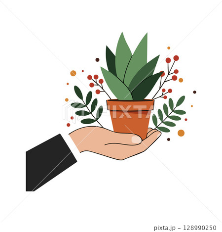Hand holding potted green plant with decorative leaves and red berries vector illustration Hand holding potted green plant with decorative leaves and red berries vector illustration 128990250