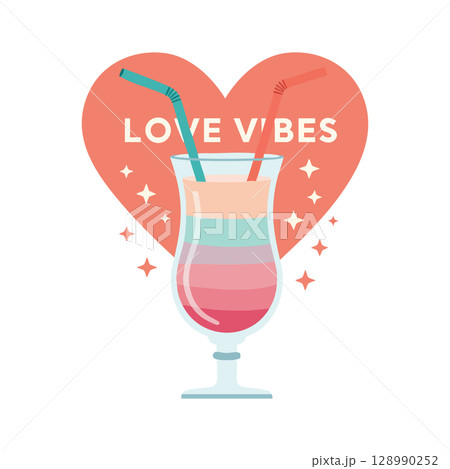 Love Vibes Colorful Cocktail Glass with Heart Background and Straws Vector Illustration Love Vibes Colorful Cocktail Glass with Heart Background and Straws Vector Illustration 128990252