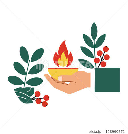 Hand Holding Diya Lamp with Green Leaves and Red Berries Vector Illustration Hand Holding Diya Lamp with Green Leaves and Red Berries Vector Illustration 128990271