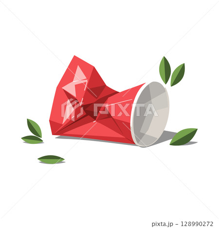 Crumpled Red Paper Cup with Green Leaves Littering Environment Pollution Vector Illustration Crumpled Red Paper Cup with Green Leaves Littering Environment Pollution Vector Illustration 128990272