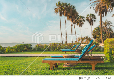 A row of lounge chairs are set up on a lawn next to a body of water 128990358