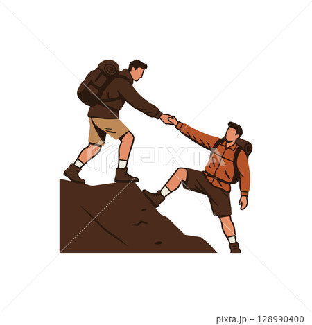 Two hikers helping each other climb mountain peak outdoor adventure teamwork support Two hikers helping each other climb mountain peak outdoor adventure teamwork support 128990400